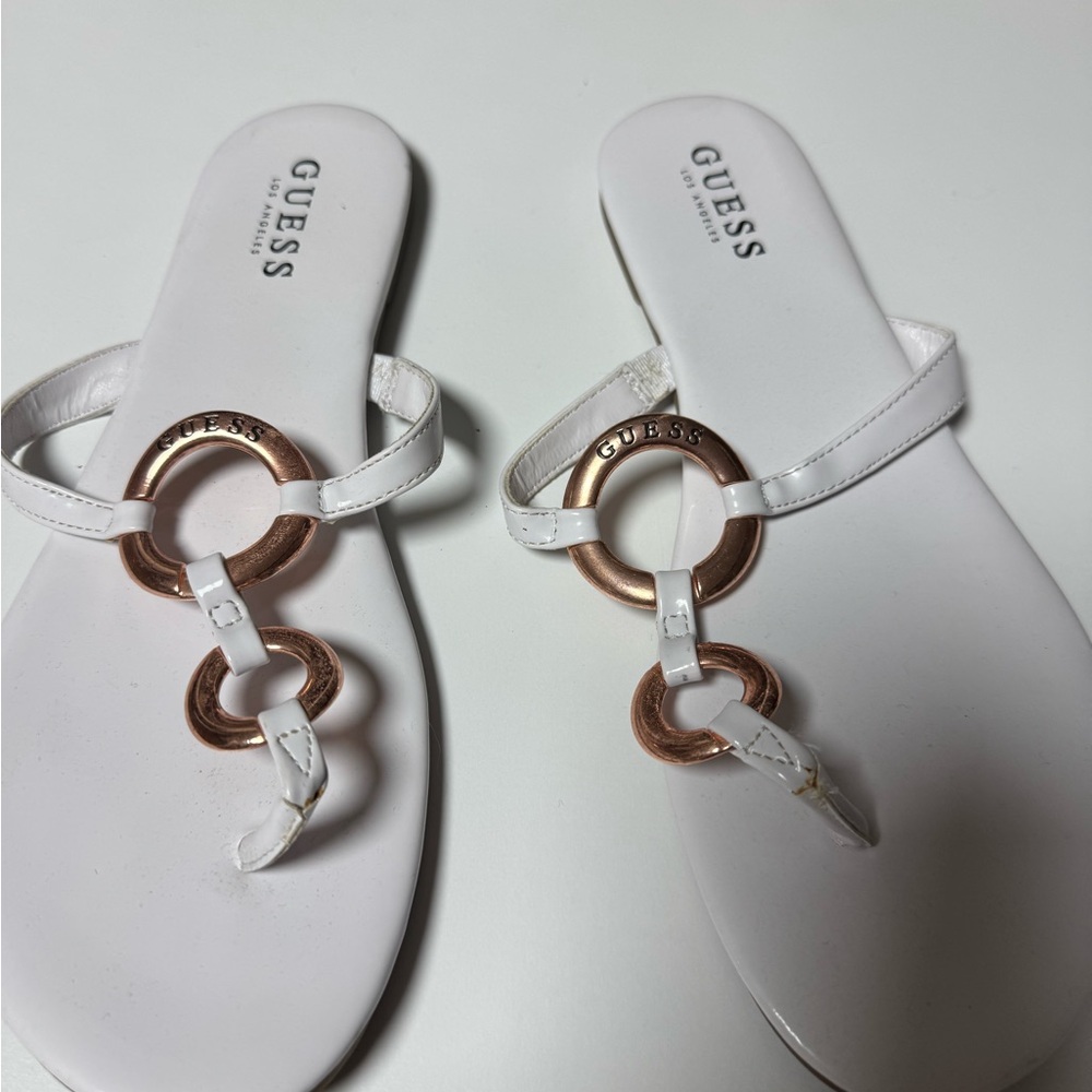 Guess Women's White Sandals with Rose Gold Rings
